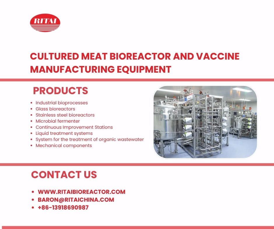 Cultured meat bioreactor and vaccine manufacturing equipment representing the future of biotechnology and sustainable production.