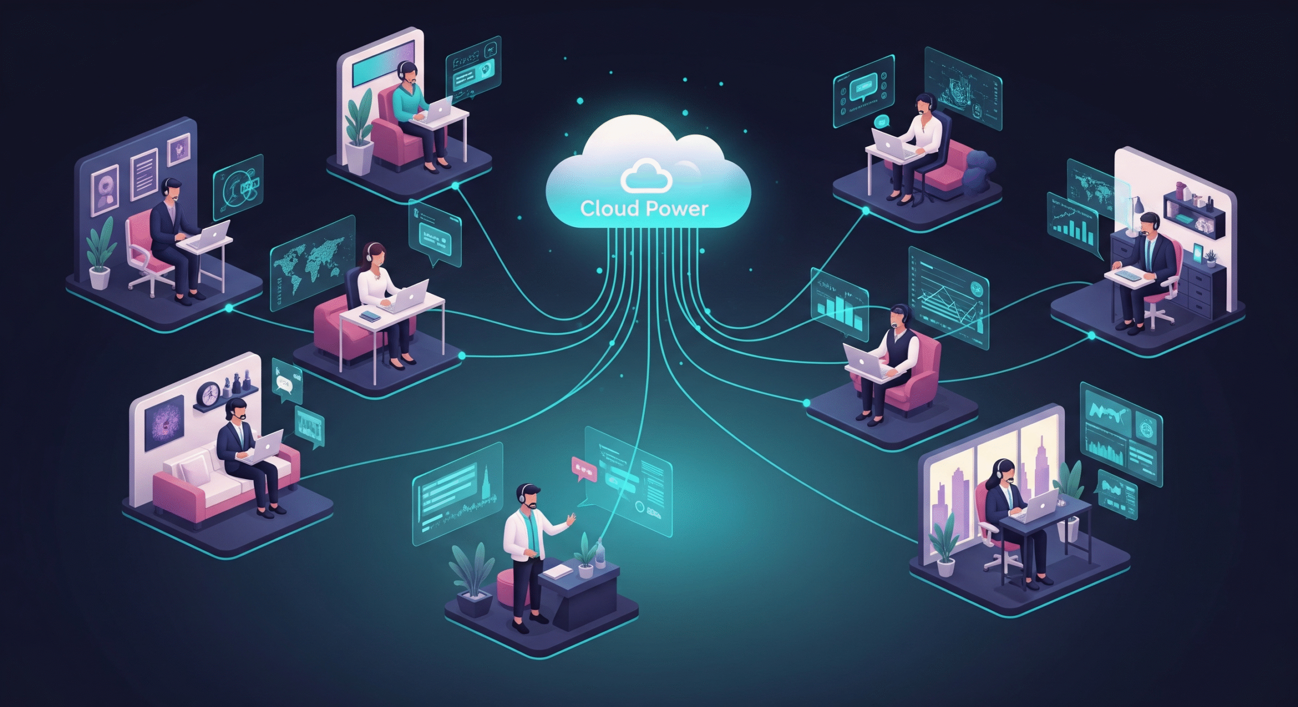 Illustration of a cloud contact center showing remote customer support agents connected via a digital cloud network, representing distributed teams using cloud-based call center software for faster, flexible, and efficient customer service.