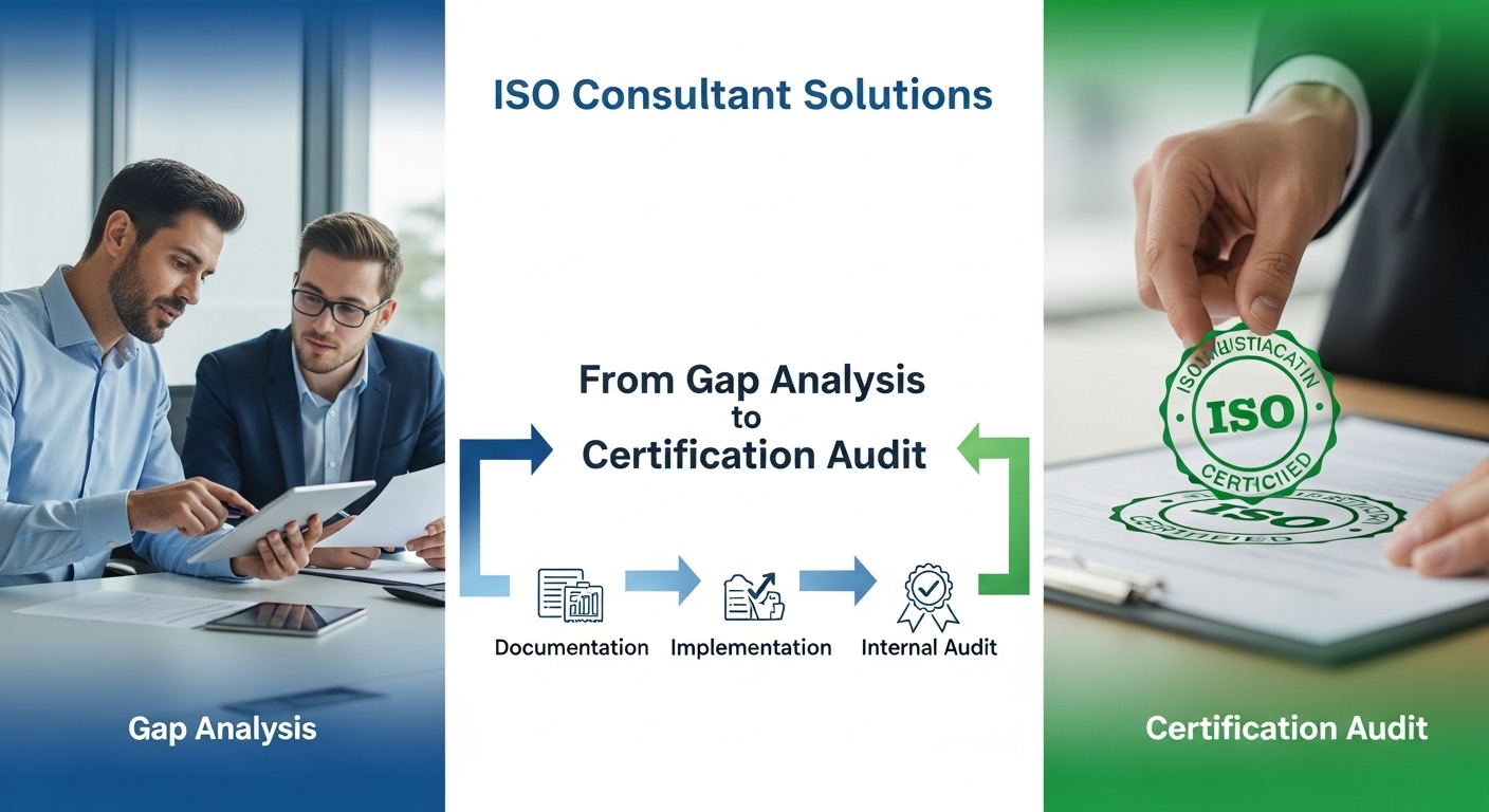 ISO Consultant Solutions process: Gap Analysis with consultants, followed by Documentation, Implementation, Internal Audit, and Certification Audit with an ISO Certified stamp.
