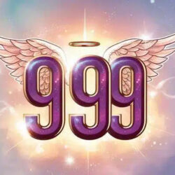 Glowing 999 angel number illustrated in purple with angel wings and a halo, floating against a dreamy pastel sky with light rays, symbolizing spiritual awakening, completion, and transformation.