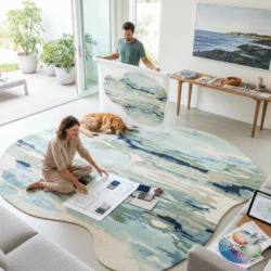 Modern living room featuring a Casavani custom abstract area rug in soft blue and green tones, styled in a bright contemporary home.
