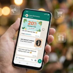 “A hand holding a smartphone displaying WhatsApp marketing messages for a discount offer, new product launch, and cart recovery, with soft bokeh background and floating marketing icons like a discount symbol, shopping cart, and ROI growth chart.”