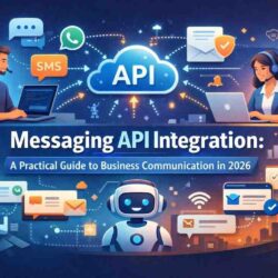“Messaging API integration illustration showing SMS, WhatsApp, email, and chatbot communication for modern business automation.”