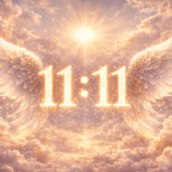 Angel Number 1111 glowing in golden light with angel wings, symbolizing spiritual awakening, divine guidance, and manifestation.