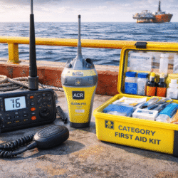 marine safety equipment showing a VHF marine radio, ACR EPIRB, and Category C First Aid Kit onboard a vessel