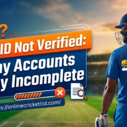 A cricketer in a blue uniform stands on a lit stadium field. Text reads "IPL ID Not Verified: Why Accounts Stay Incomplete," with warning icons and a URL below.