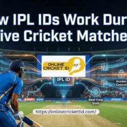 Cricketer in blue kit on field under stadium lights. Text overlays explain IPL ID usage, showing digital identity, biometric auth, and real-time stats. image shows URL of "onlinecrickettid.com" site.