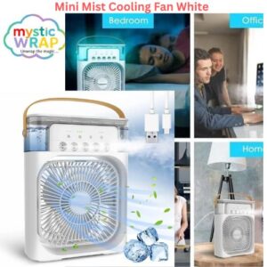 Mini Cooling Fan with Mist Spray, Mini Mist Cooling Fan White, Portable cooling fan India, USB mist fan for desk, Mini air cooler fan, Personal cooling device, Best mini fan with mist, MysticWrap cooling fan