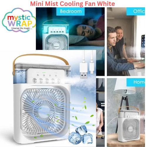 Mini Cooling Fan with Mist Spray, Mini Mist Cooling Fan White, Portable cooling fan India, USB mist fan for desk, Mini air cooler fan, Personal cooling device, Best mini fan with mist, MysticWrap cooling fan