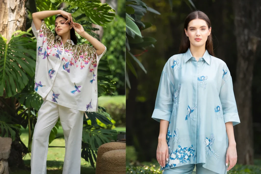 Kashmiri Co-ord Sets, Co-ord Set, Blush Aviary Co-Ord Set, Skybound Poise Co-Ord Set, Ivory Flight Co-Ord Set, Buy Roohgul Co-ord Sets, Kashmiri Fashion,Luxuries of Kashmir, Kashmiri Embroidery clothing, kashmir clothing, kashmiri fashion trends, Kashmiri products