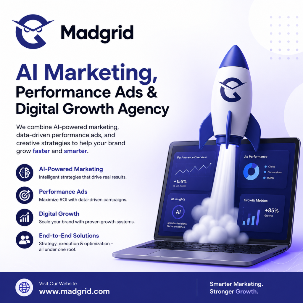 AI marketing agency, performance marketing India, digital growth agency, AI automation for brands, SEO AEO GEO strategy, brand strategy agency, Google Meta ads agency, UI UX design agency, AI Marketing, Performance Ads,Digital Growth Agency,MadGrid