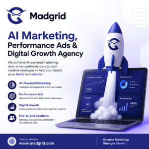 AI marketing agency, performance marketing India, digital growth agency, AI automation for brands, SEO AEO GEO strategy, brand strategy agency, Google Meta ads agency, UI UX design agency, AI Marketing, Performance Ads,Digital Growth Agency,MadGrid