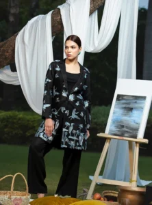 Luxury Coat Pant Sets for Women,Luxuries of Kashmir, coat pant set, Kashmiri embroidery, luxury women's coat sets, handcrafted Indian fashion, linen coat set, contemporary ethnic wear