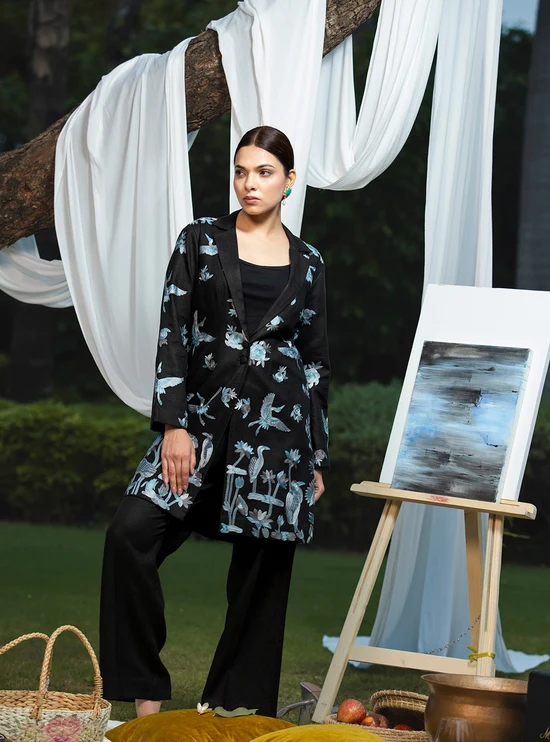 Luxury Coat Pant Sets for Women,Luxuries of Kashmir, coat pant set, Kashmiri embroidery, luxury women's coat sets, handcrafted Indian fashion, linen coat set, contemporary ethnic wear