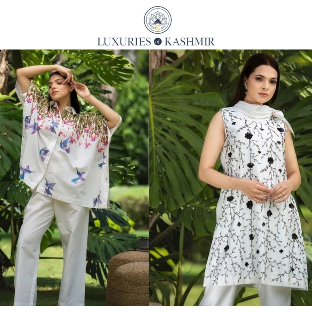 Kashmiri hand embroidery, Co-ord Set, Roohgul Co-ord Sets, neutral co-ord sets, Aari embroidery, Tilla work, ivory ethnic wear, made-to-order embroidered outfits, Luxuries of Kashmir